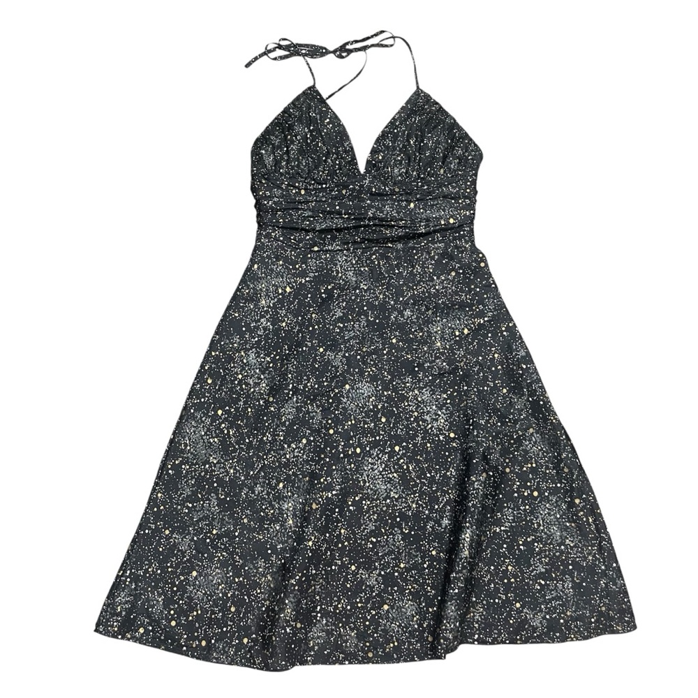 Express Silk Halter Dress | Black with Gold/Silver Metallic Splatter‎ | Size 0
